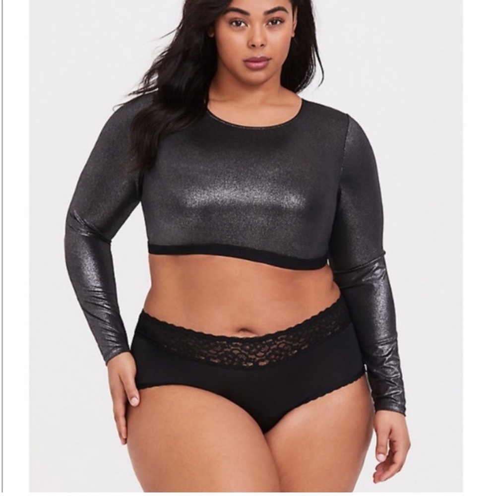 NWT Torrid Curve Shimmer Mesh Long Sleeve Under-It-All Crop Top Black Silver